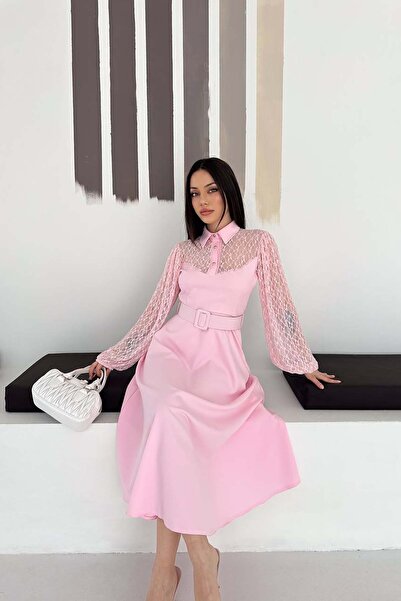 XXL BUTİK Γυναικείο Baby Shower Ροζ Δαντελένιο Μίντι Φόρεμα με Λεπτομέρεια Ζώ...