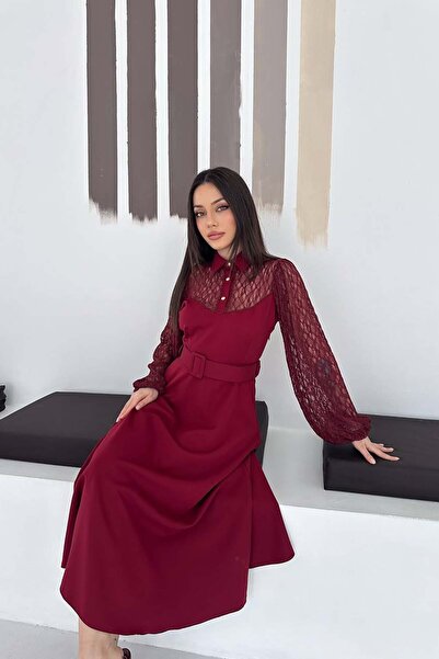 XXL BUTİK Γυναικείο μπορντό φόρεμα με δαντέλα και λεπτομέρεια με ζώνη, κομψή ...