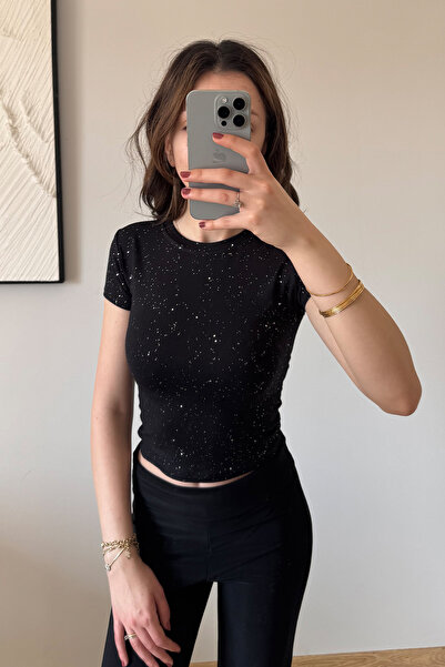 İlayda Toprak Μπλουζάκι Cris Black Glittered Cyrstal Detail Slim Fit με κοντό...