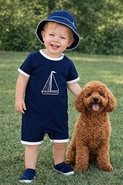 P&H BABYWEAR Erkek Bebek Şapkalı Yelken Nakışlı Çıtçıtlı Yazlık Tulum