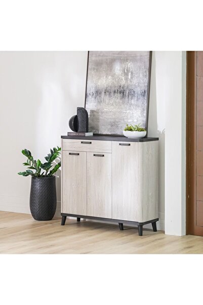 Danube Home Kirwin 22-Pair Shoe Cabinet | 3 Doors and 1 Drawer - Grey Oak/Bla...