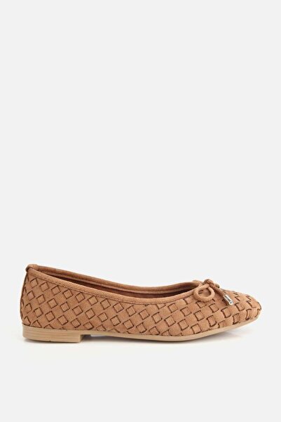 Yaya by Hotiç Women's Tan Suede Knitted Bow Ballet Flats
