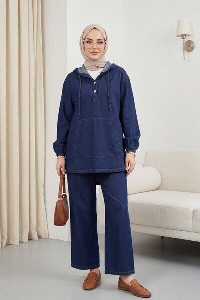 Modamorfo Hooded Half-Buttoned Kangaroo Pocket Jeans Set -K.Laci