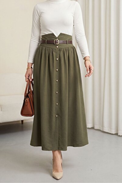 Modamorfo Fusta modală cu talie înaltă, cu talie elastică și curea, cu nastur...