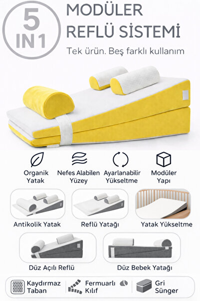 SABY 5 in 1 Modüler Bebek Yatağı – Antikolik - Düz Yatış - 30° Açılı Yatağı