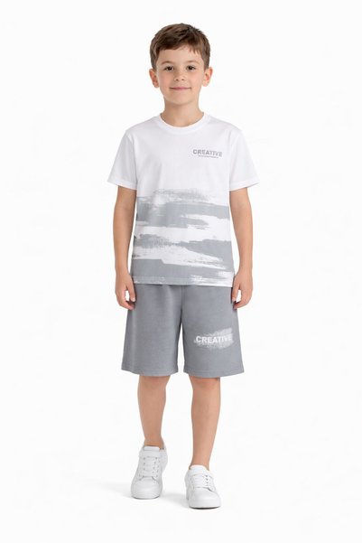 CansınMini Gray Creative Written Patterned T-Shirt and Shorts Set for Boys 23792