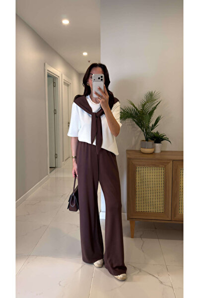 BİRCANÇİL Σετ με λεπτομέρεια από καφέ και λευκό φουλάρι Jaston