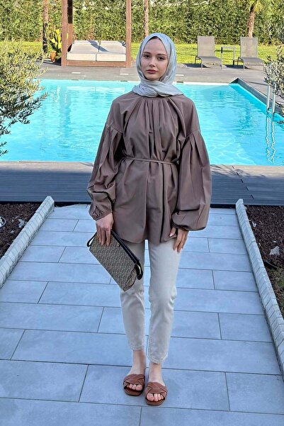 lamelif Πουκάμισο με λεπτομέρεια φουλάρι στο γιακά, σε απαλό καφέ χρώμα