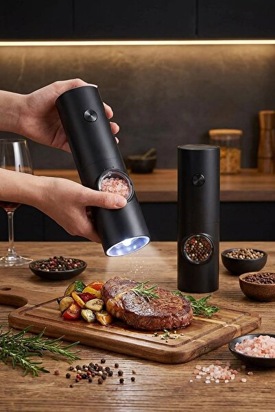 Buffer ® Otomatik Pilli Tuz Karabiber Değirmeni Seti 2’li – LED Işıklı, Standlı, Elektrikli Baharat Ö