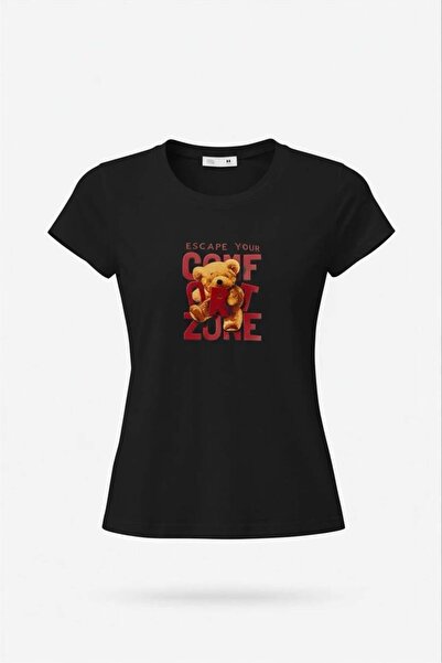 Miss Poem Γυναικείο μπλουζάκι με κοντό μανίκι με στάμπα μαύρου αρκουδάκι