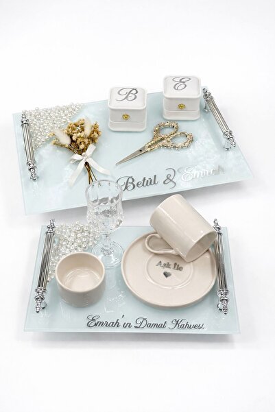 Nura Collection İnci Söz Nişan Tepsi Seti Gümüş, İncili Damat Kahve Tepsisi İ...