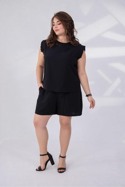 Roxxlen Γυναικείο Σετ Σορτς με Πιέτες σε Μεγάλο Μέγεθος, Μαύρο