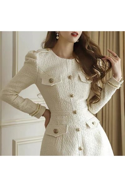 Zaghou Elegant White Blazer Dress with Buttons and Circular Neckline