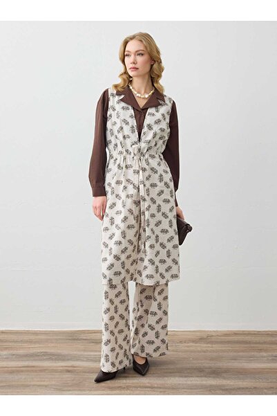 Refka Σετ Βαμβακερό Γιλέκο & Παντελόνι με Εμφάνιση Λινού - Με Σχέδιο Φύλλων Ε...