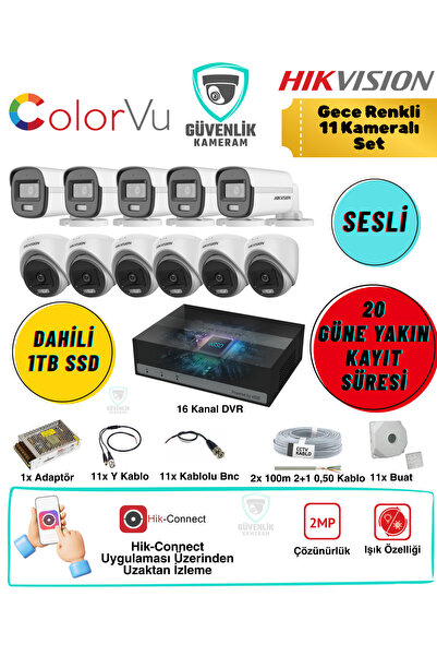 Hikvision 11 Kameralı Gece Renkli Güvenlik Seti 2MP Sesli ColorVu 1TB SSD 16 ...