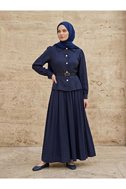Foremia Front and Back Pencil Belt Detailed Skirt Suit - Navy Blue