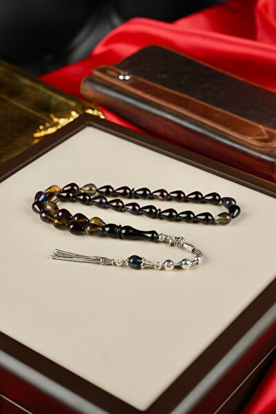 dergah tesbih Tear Drop Model Silver Design Fire-Impregnated Amber Prayer Beads