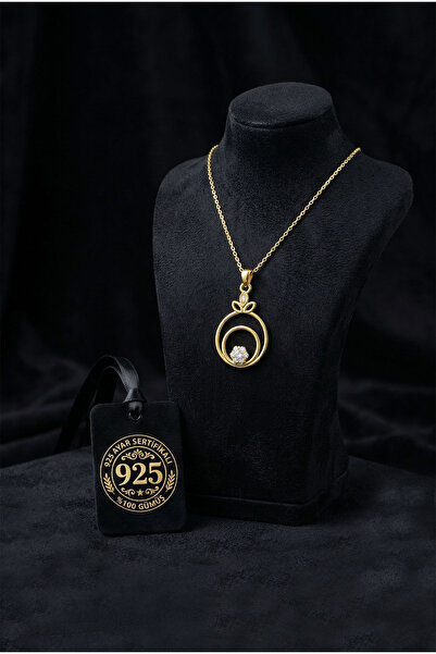 Roza Silver 925 Ayar Zirkon Taşlı Gold Çiçekli Halka Gümüş Kolye