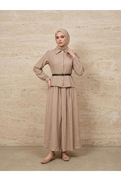 Foremia Front and Back Pencil Belt Detailed Skirt Suit - Mink