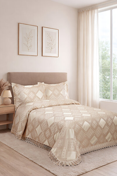 BİRHOME Likya Jakarlı Fransız Dantelli Modern Çift Kişilik Yatak Örtüsü Takımı 240x250cm (bej)
