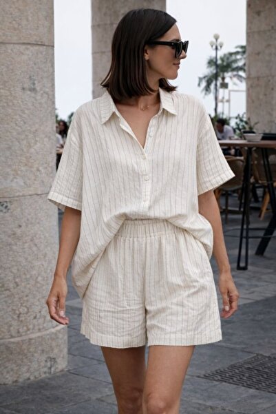 Wear Up Γυναικείο κοντομάνικο Ριγέ Μοντάλ υφασμάτινο πουκάμισο και σορτς με λ...