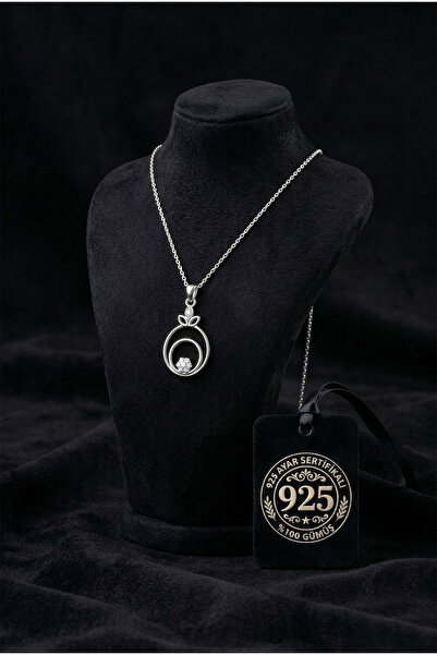 Roza Silver 925 Ayar Zirkon Taşlı Rodyum Çiçekli Halka Gümüş Kolye