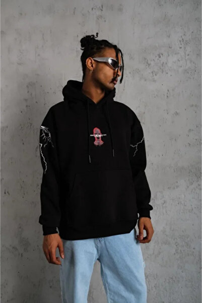 Wear Up Ανδρικό φούτερ με κουκούλα και τρεις ρίγες σε όβερσάιζ γραμμή – Μαύρο...