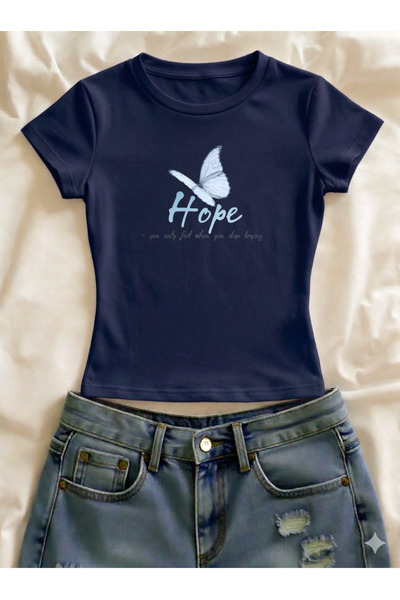 Vordevia Tricou crop cu mânecă scurtă, cu imprimeu fluturi, din lycra, cu cro...
