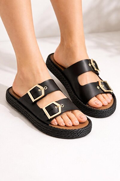 Saadet Kaya Butik Women's Black High Sole Buckle Slippers