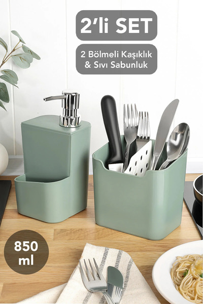 Meleni Home Σετ 2 - Πράσινο δοχείο υγρού σαπουνιού Luna με θήκη για κουτάλια ...