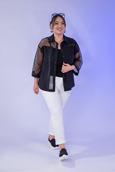 Roxxlen Women's Plus Size Mesh Detailed Shirt Black