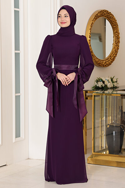 AHUNUR Tesettürde Mutluluk Turquoise Hijab Evening Dress with Belt