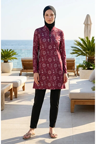 sefamerve Μαγιό με σχέδιο άγκυρας και μανίκια  "Tesettür " 2607-02 Βουργουνδίας