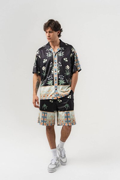 go gang own Coastal Patterned Short Sleeve Shirt and Elastic Waist Shorts Set