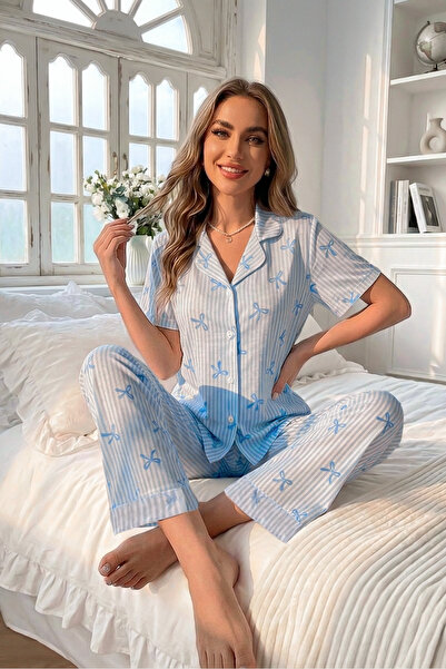 BELLA NOTTE Σετ καλοκαιρινών πιτζαμών με μπλε απαλό σχέδιο φιόγκου