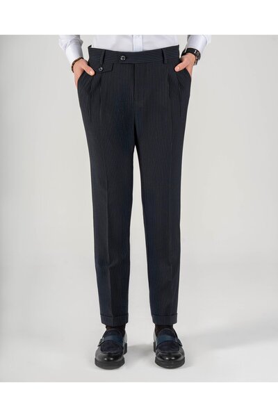 TerziAdemAltun İtalyan stil slim fit erkek bel detaylı pantolon lacivert T200...
