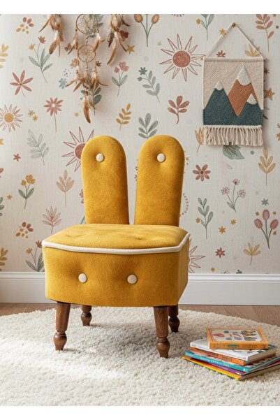 ASELYA HOME Bunny Kid Seat - Tavşan Çocuk Koltuğu Hardal Krem Renk Ahşap Ayak...
