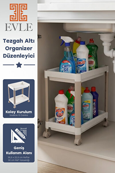 St Morritz 2 Katlı Tekerlekli Tezgah Altı Raf Düzenleyici Organizer, Banyo La...