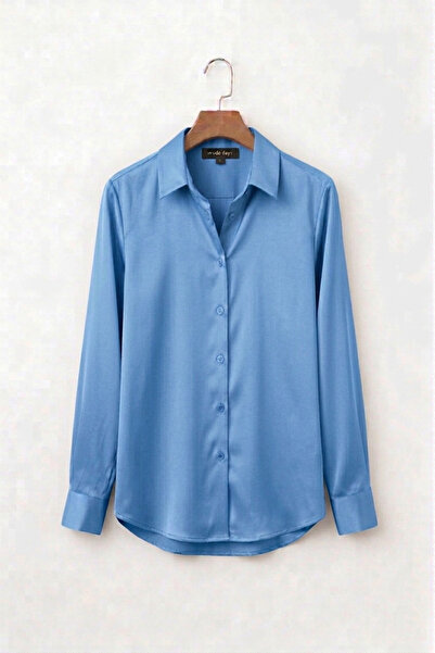 Moda Days Women's Blue Satin Shirt Long Sleeve Stylish Classic Office Daily S...