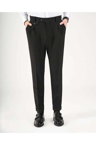 TerziAdemAltun İtalyan stil slim fit erkek bel detaylı pantolon siyah T20036-01
