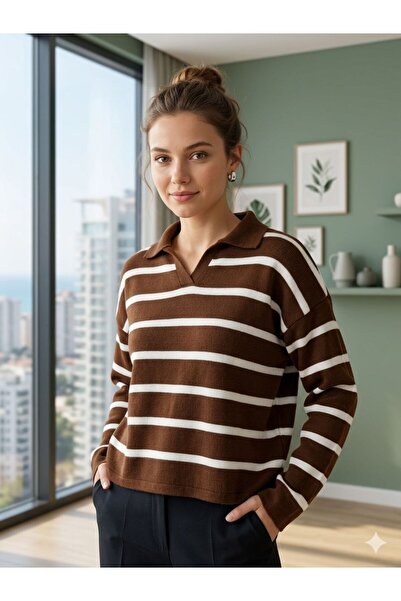 Modahiro Γυναικείο πλεκτό πουλόβερ με γιακά πόλο και ρίγες MDHK01