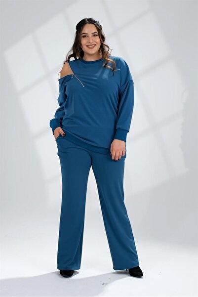 Roxxlen Women's Plus Size Trousers Petrol Blue