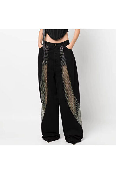 Zaghou Patchwork See-Through Hollow Mesh Decor Straight Jeans