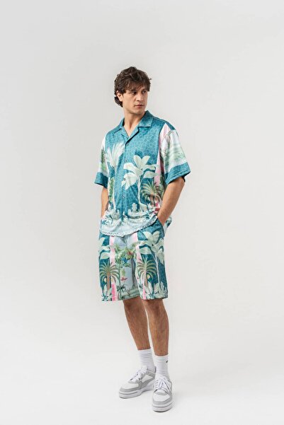 go gang own Paradise Patterned Short Sleeve Shirt and Elastic Waist Shorts Set
