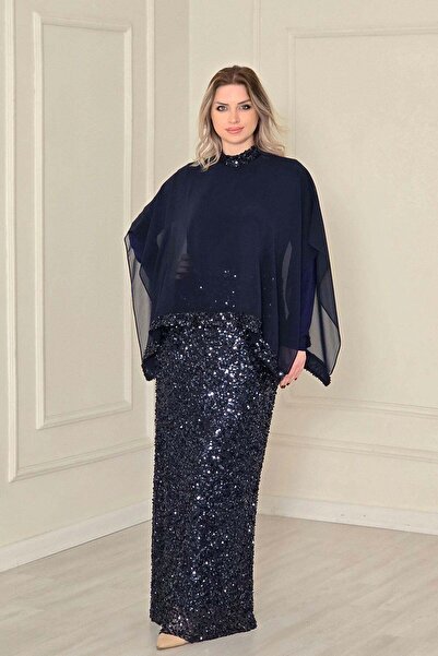 Yonca Moda Evi Lacivert Pul Payet Tesettür Abiye 4828
