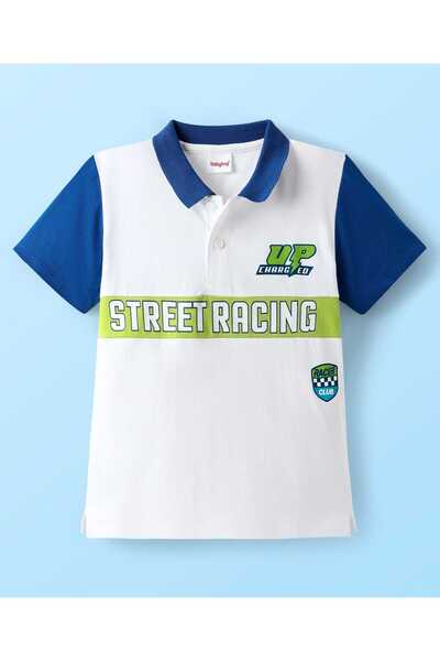 Babyhug Knit Half Sleeve Polo T-Shirt with Street Racing Text Print - White &...