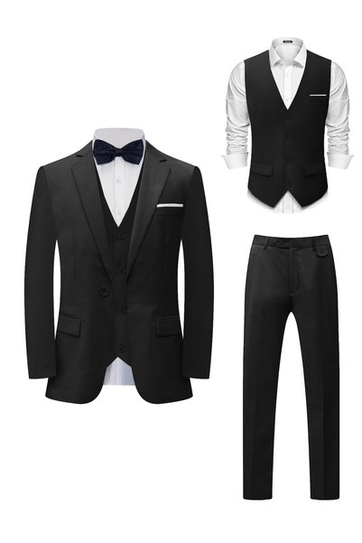 Generic Men's Modern Black 3-Piece Suit – Slim Fit Jacket, Vest and Trousers for Business and Formal Occasions