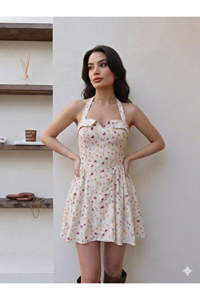 BEGBOR COLLECTİONS Halter Neck Floral Patterned Mini Dress