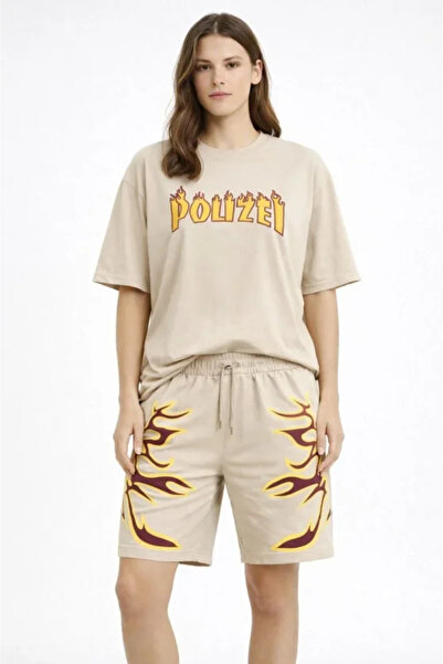 Wear Up Μπεζ oversized με τύπωμα T-Shirt Σορτς Σετ Με τσέπες Σορτς Καλοκαιριν...