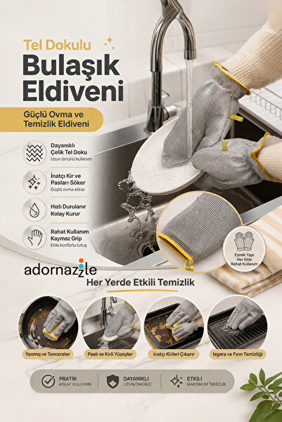 KCA HOME Tel Dokulu Bulaşık Eldiveni, Çizmez, Su Geçirmez Eldiven, Güçlü Ovma...